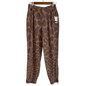 Anthropologie Tamarind Trouser Joggers Size 4 Brown Giraffe Linen Pleated NWT